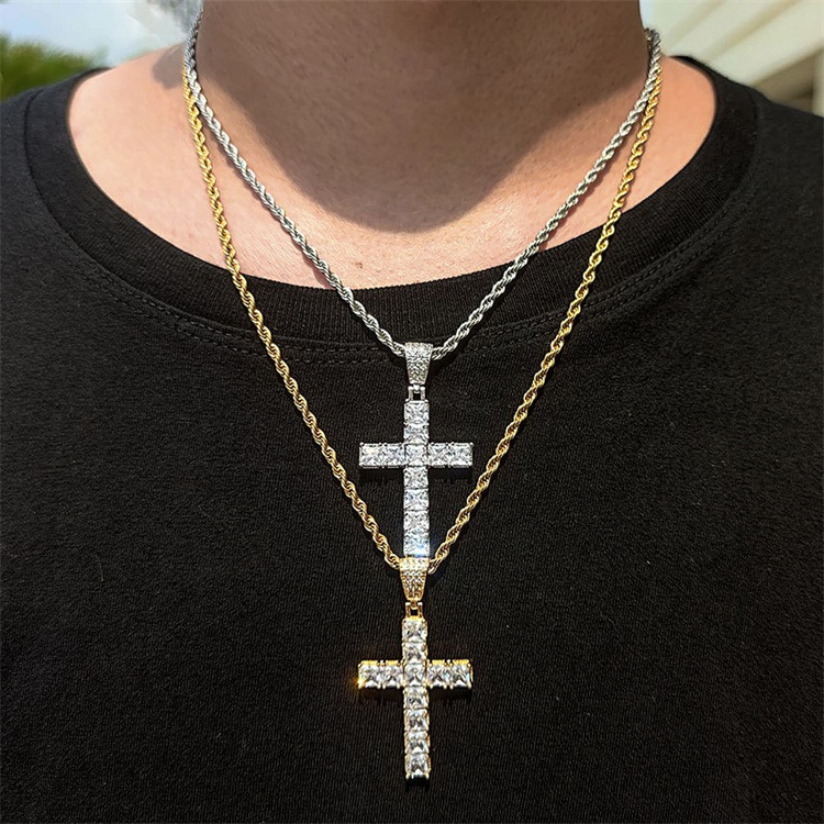 Wholesale gold plated stainless steel square shape diamond iced out tennis chain cross pendant necklace