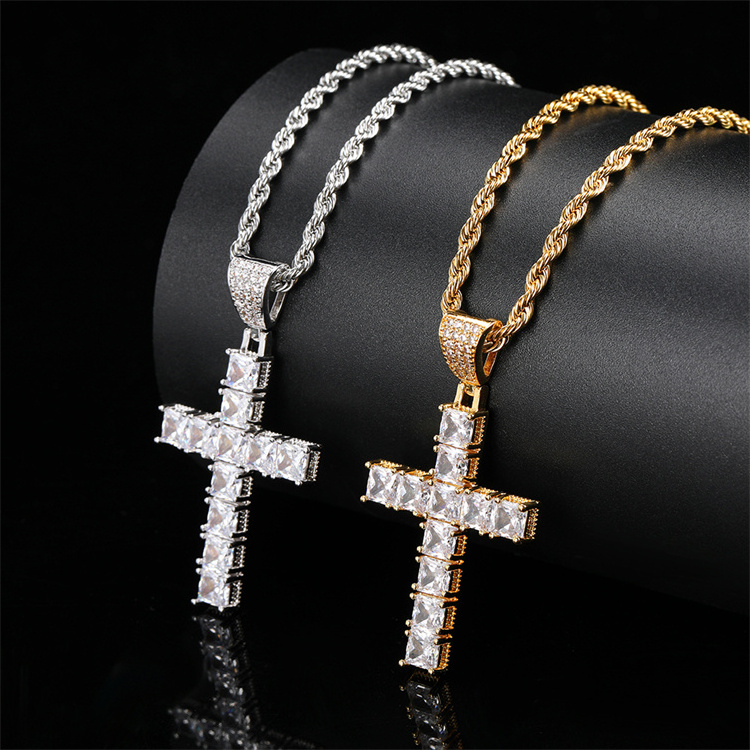 Wholesale gold plated stainless steel square shape diamond iced out tennis chain cross pendant necklace