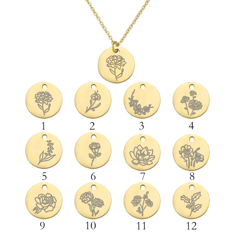 Birth Flower Stainless Steel DIY Pendant High Quality Non-fading 18K Thick Gold Plated Birth Flower Necklace for Gifts