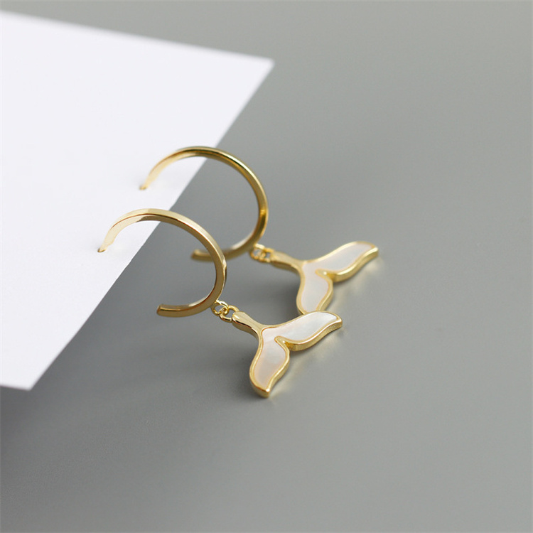 New Trendy White Shell Stone Whale Dolphin Tail Stud Earrings 18k Gold 925 Sterling Silver Summer Seaside earrings