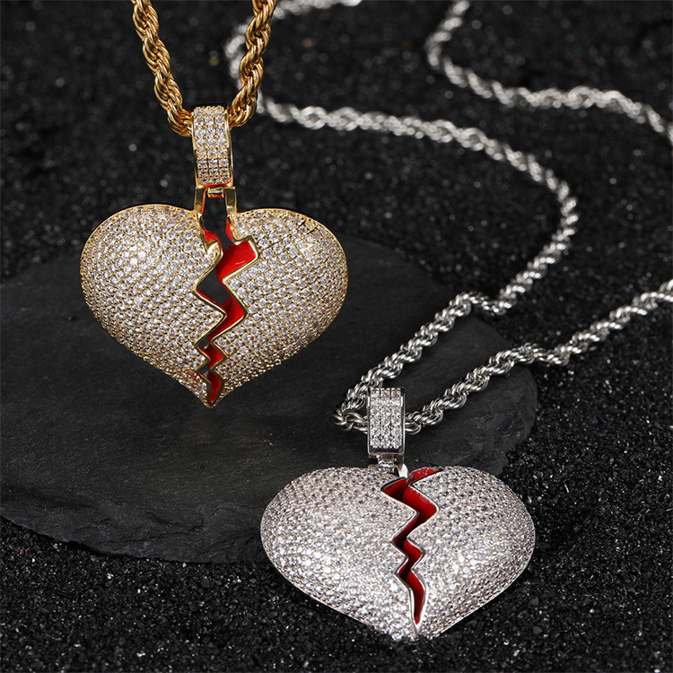 Hip Hop Love Couple Charm Jewelry Stainless Steel Micro Paved CZ Diamond Iced Out Broken Heart Pendent Necklace