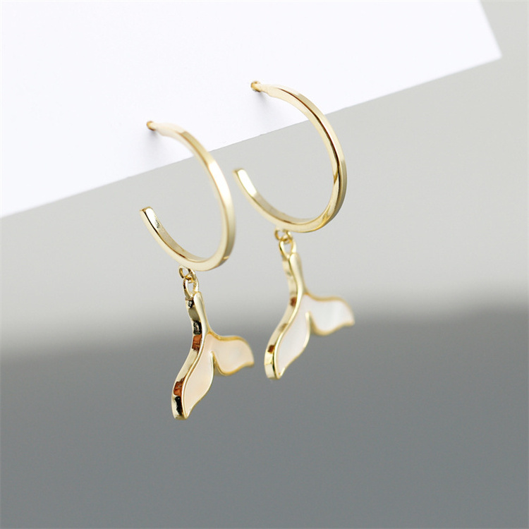 New Trendy White Shell Stone Whale Dolphin Tail Stud Earrings 18k Gold 925 Sterling Silver Summer Seaside earrings