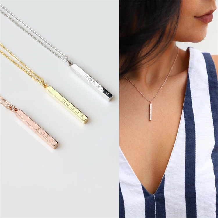 Fashion 18k Gold Plated 925 Sterling Silver Engrave Custom Name Personalized Vertical 3D Bar Necklace For Women Fine Jewelry