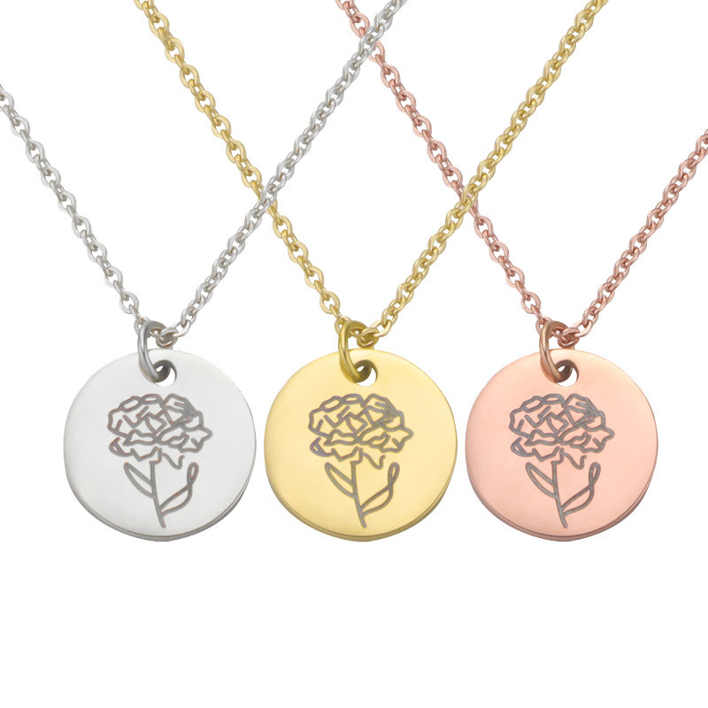 Birth Flower Stainless Steel DIY Pendant High Quality Non-fading 18K Thick Gold Plated Birth Flower Necklace for Gifts