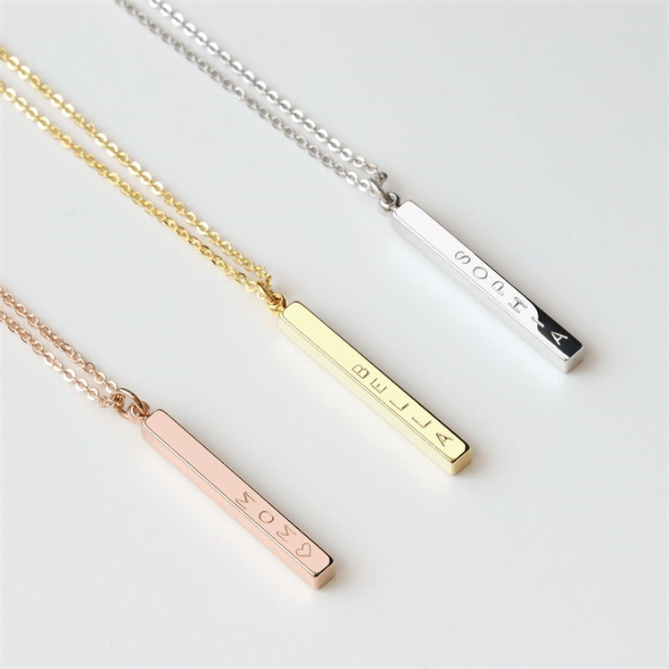 Fashion 18k Gold Plated 925 Sterling Silver Engrave Custom Name Personalized Vertical 3D Bar Necklace For Women Fine Jewelry