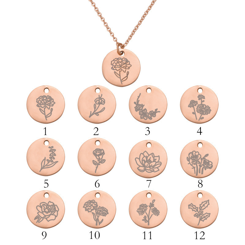 Birth Flower Stainless Steel DIY Pendant High Quality Non-fading 18K Thick Gold Plated Birth Flower Necklace for Gifts