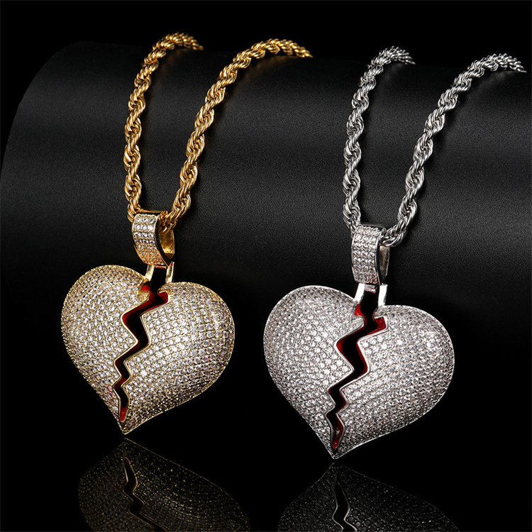 Hip Hop Love Couple Charm Jewelry Stainless Steel Micro Paved CZ Diamond Iced Out Broken Heart Pendent Necklace