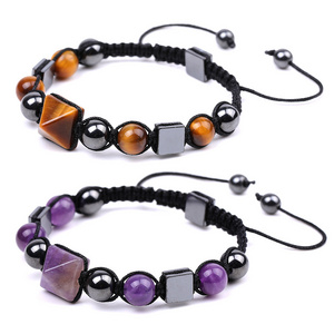 Wholesale 12mm Natural Healing Stone Quartz Hand Woven Beaded Adjustable Crystal Pyramid Bracelet for Men