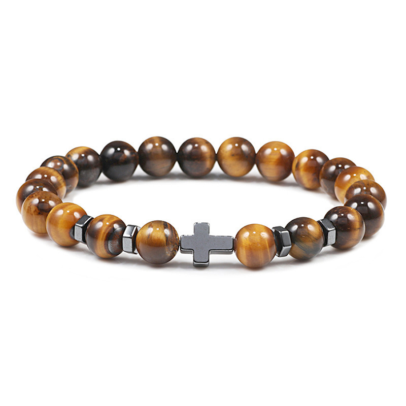 fashion crystal healing natural mens tiger eye lava stone gemstone turquoise beaded cross stretch bracelet jewelry christian