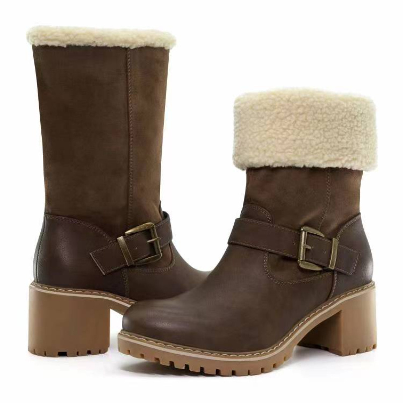 Block High Heels Winter Shoes Women Fur Boots Leisure Faux Suede Leather Snow