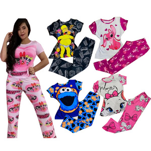 Women High Quality Female Cartoon Sleepwear Two Pieces Short Sleeves Top And Pant Sets Pink Satin Pajamas Set