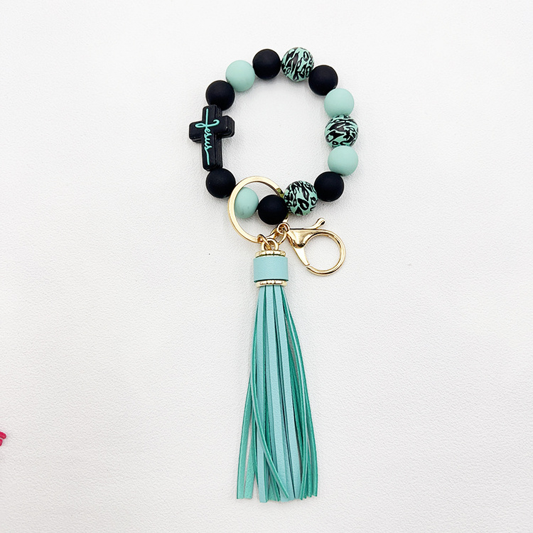 Hot Sale Silicone Wristlet Keychain Beaded Tassel Bracelet Jewelry Gift Boxes Silicone Keychain