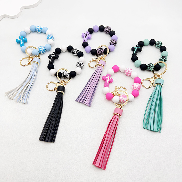 Hot Sale Silicone Wristlet Keychain Beaded Tassel Bracelet Jewelry Gift Boxes Silicone Keychain