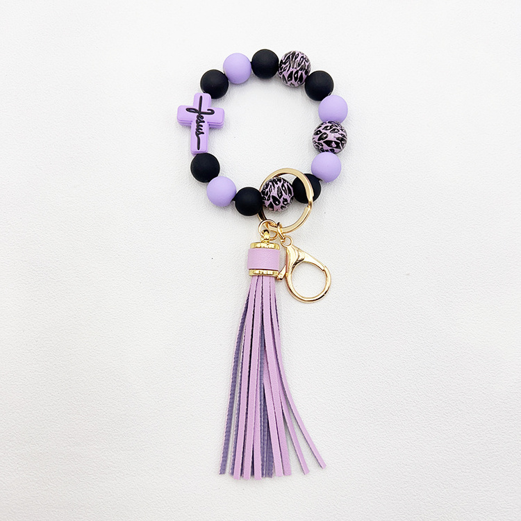 Hot Sale Silicone Wristlet Keychain Beaded Tassel Bracelet Jewelry Gift Boxes Silicone Keychain