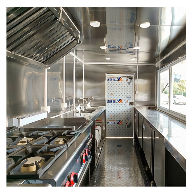 Mobile Food Truck Cart Trailer Equipped with Deep Fryer Grill Pizza Oven Freezer Water Sink Air Conditioner