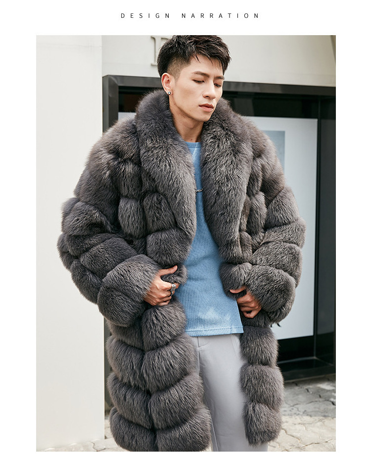 Luxury Fluffy men's coats fur animal skin Thick Real Fox Jacket Winter Warm Men Long silver fox fur stripes coats