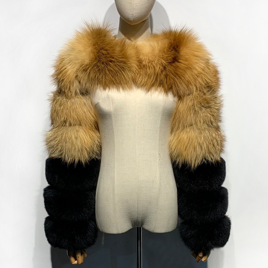 RX Furs streetwear fashion cropped sleeve jacket real raccoon natural fox two long fur sleeves short coat and shawl