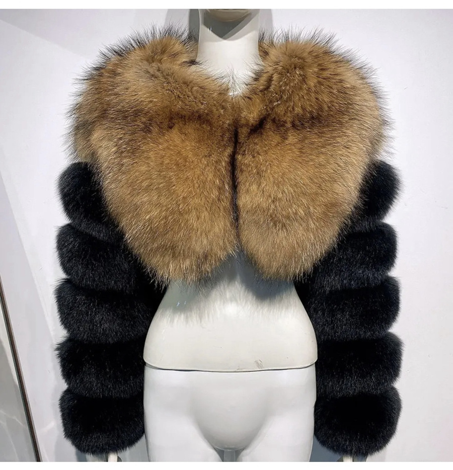 RX Furs streetwear fashion cropped sleeve jacket real raccoon natural fox two long fur sleeves short coat and shawl