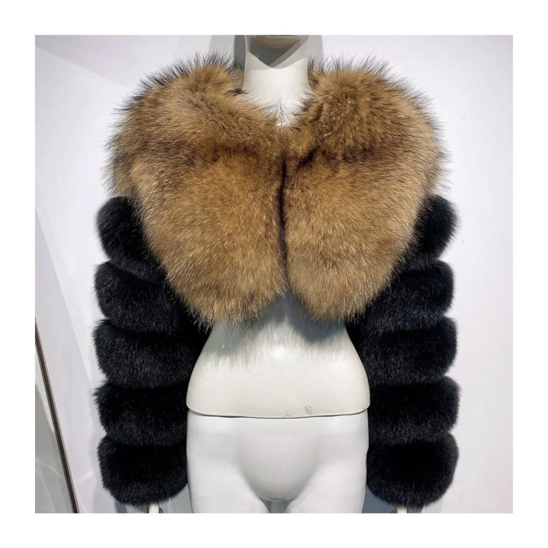 RX Furs streetwear fashion cropped sleeve jacket real raccoon natural fox two long fur sleeves short coat and shawl