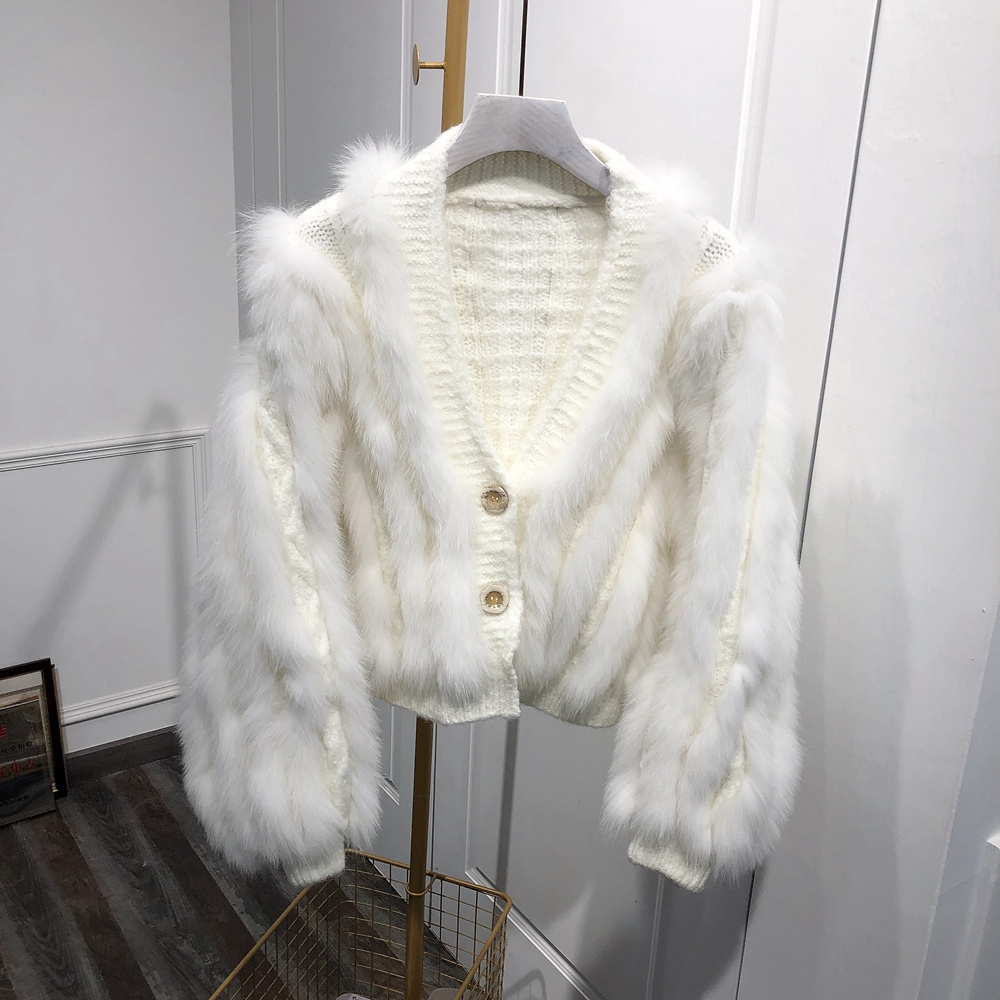 spring  Autumn Winter New Women bat sleeve  Fur Fox Short Sweater Knitted wear Cardigan Coat  Sweater with Fox fur