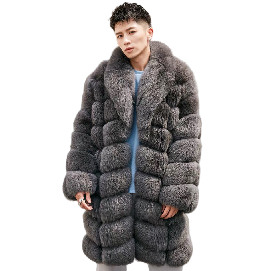 Luxury Fluffy men's coats fur animal skin Thick Real Fox Jacket Winter Warm Men Long silver fox fur stripes coats