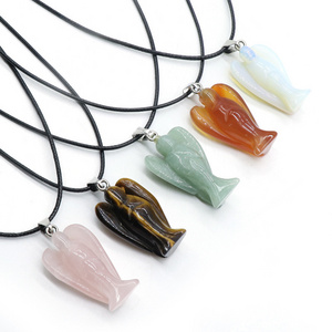 Natural Stone Agate Jade Angel Ornament Healing Crystal Guardian Angel Carved Pendant Rope Necklace for Couple Gift