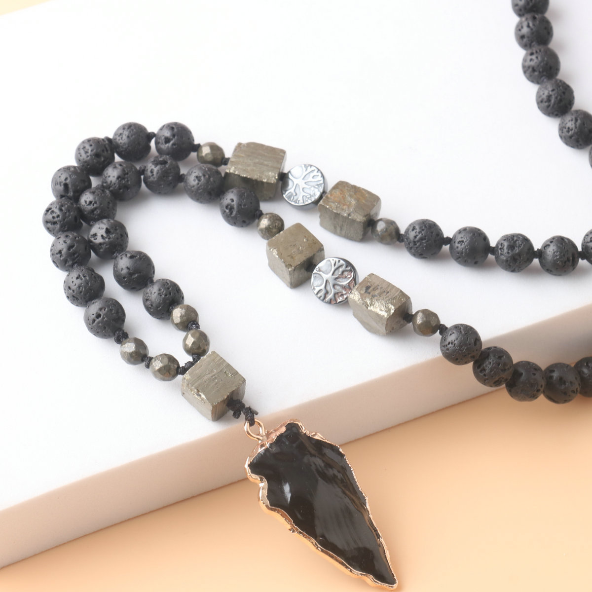 Lava Obsidian Beaded Necklaces Healing Meditation Men Jewelry Knotted Gemstone Healing Crystal Pendant Obsidian Arrow Necklace