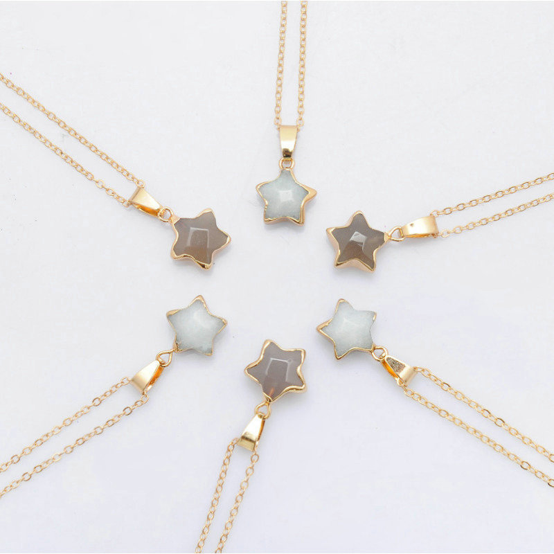 Colorful Natural Stone Cubic Agate Section Polished Star Shape Pendant Necklace Healing Crystal Necklace for Women Gift