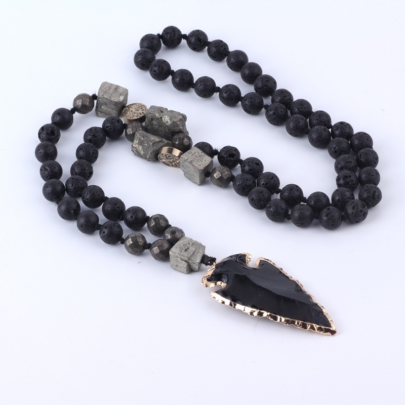 Lava Obsidian Beaded Necklaces Healing Meditation Men Jewelry Knotted Gemstone Healing Crystal Pendant Obsidian Arrow Necklace