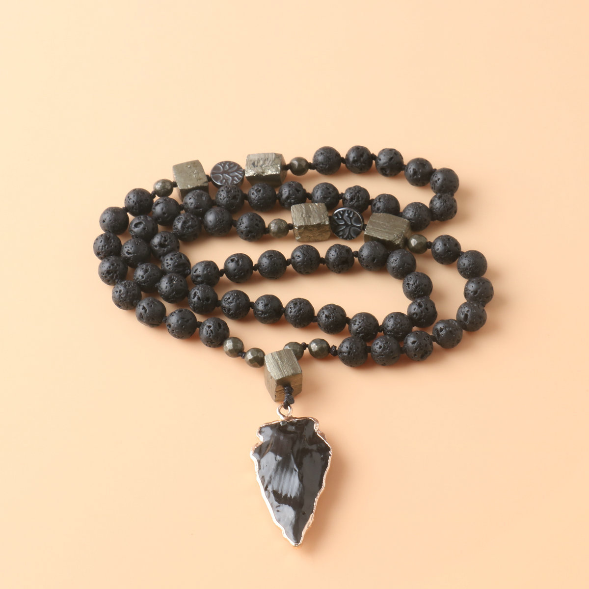 Lava Obsidian Beaded Necklaces Healing Meditation Men Jewelry Knotted Gemstone Healing Crystal Pendant Obsidian Arrow Necklace