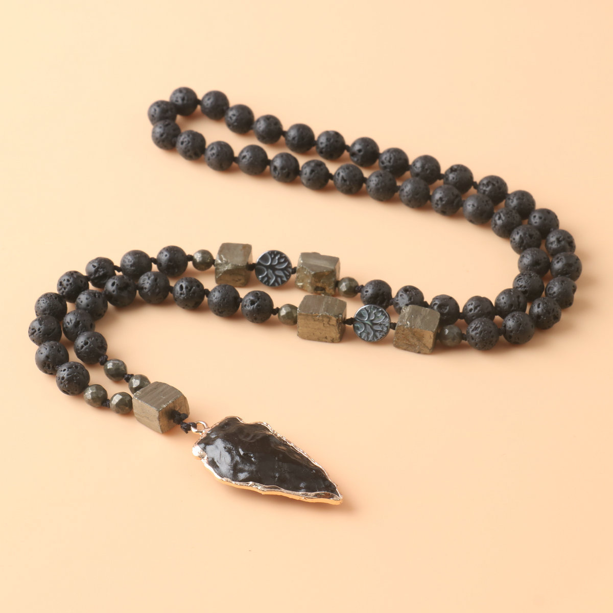 Lava Obsidian Beaded Necklaces Healing Meditation Men Jewelry Knotted Gemstone Healing Crystal Pendant Obsidian Arrow Necklace