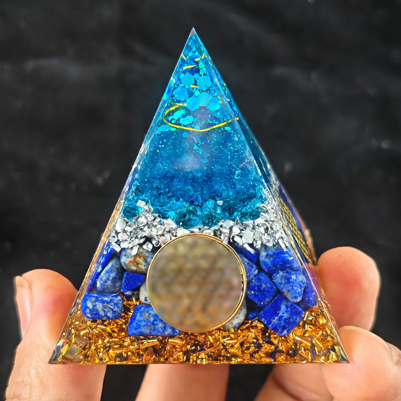 Hot Selling 6cm Coloured Glaze Crystal Gravel Pyramid With Blue Crystal Chakra Pyramid Natural Stone Positive Energy Generator