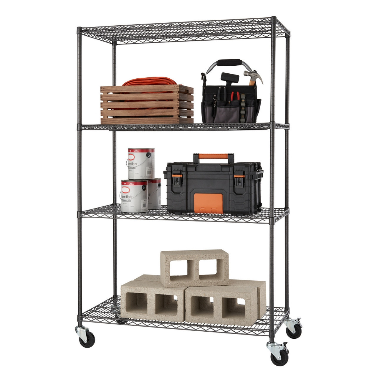 48 x 18 x 72 Inch Professional 4 Tier Black Epoxy Coated Shelves Heavy Duty Wire Metal Shelving with Wheels