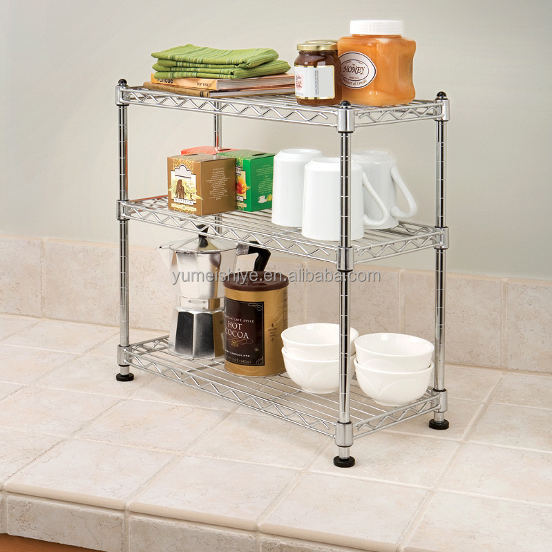 Light-duty Small Household 3 Tier Wire Shelves Chrome or Epoxy Square Wire Shelving Shelves