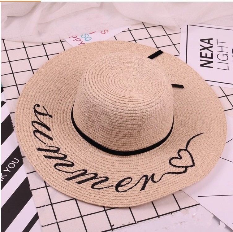 Women spring and summer letter embroidery wide brim straw floppy hat