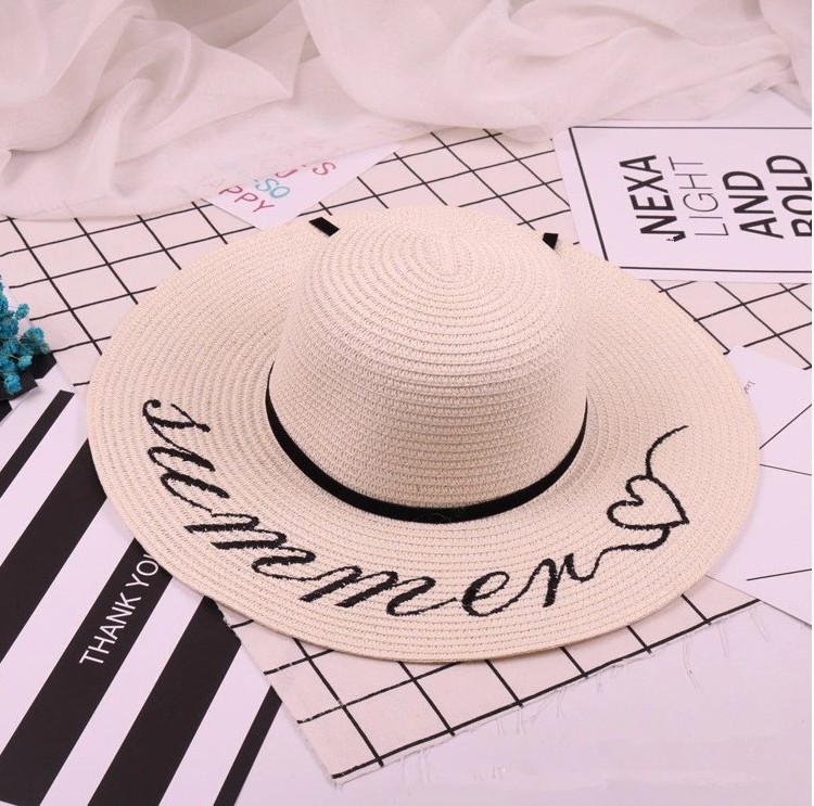 Women spring and summer letter embroidery wide brim straw floppy hat