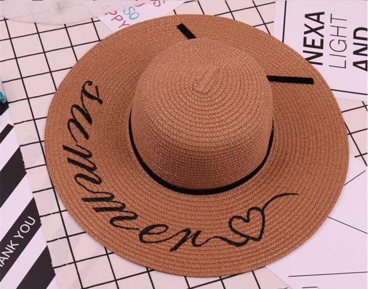 Women spring and summer letter embroidery wide brim straw floppy hat