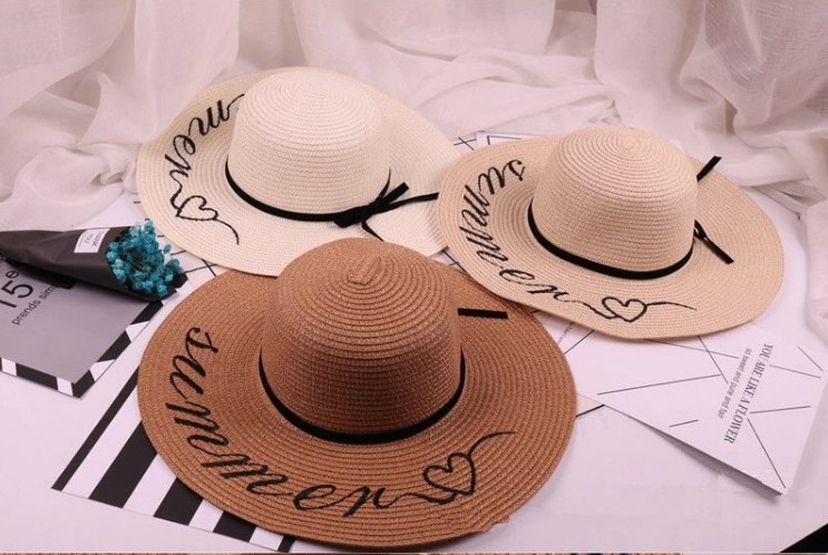 Women spring and summer letter embroidery wide brim straw floppy hat