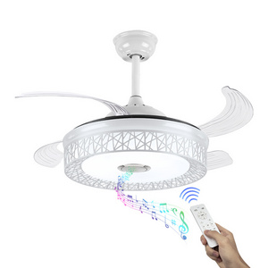 Ceiling Fan With LED Light Retractable Blade Chandelier Tri-color Remote Control