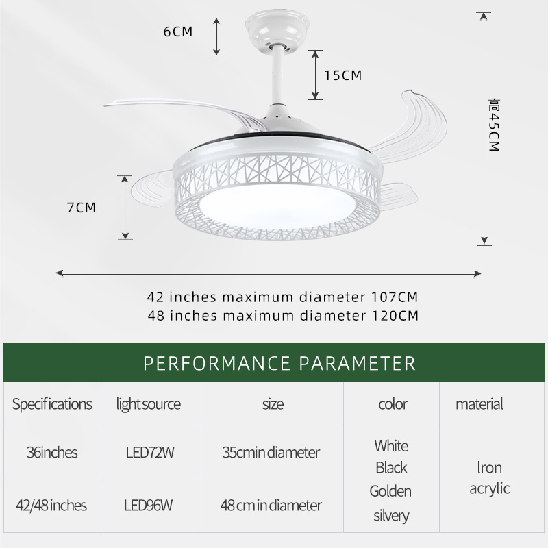 Ceiling Fan With LED Light Retractable Blade Chandelier Tri-color Remote Control