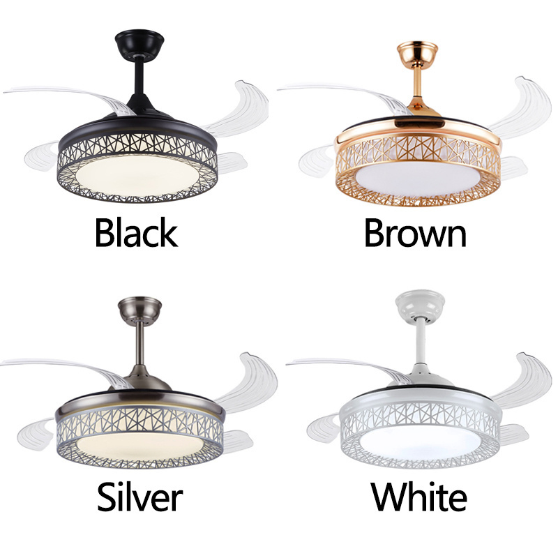 Ceiling Fan With LED Light Retractable Blade Chandelier Tri-color Remote Control