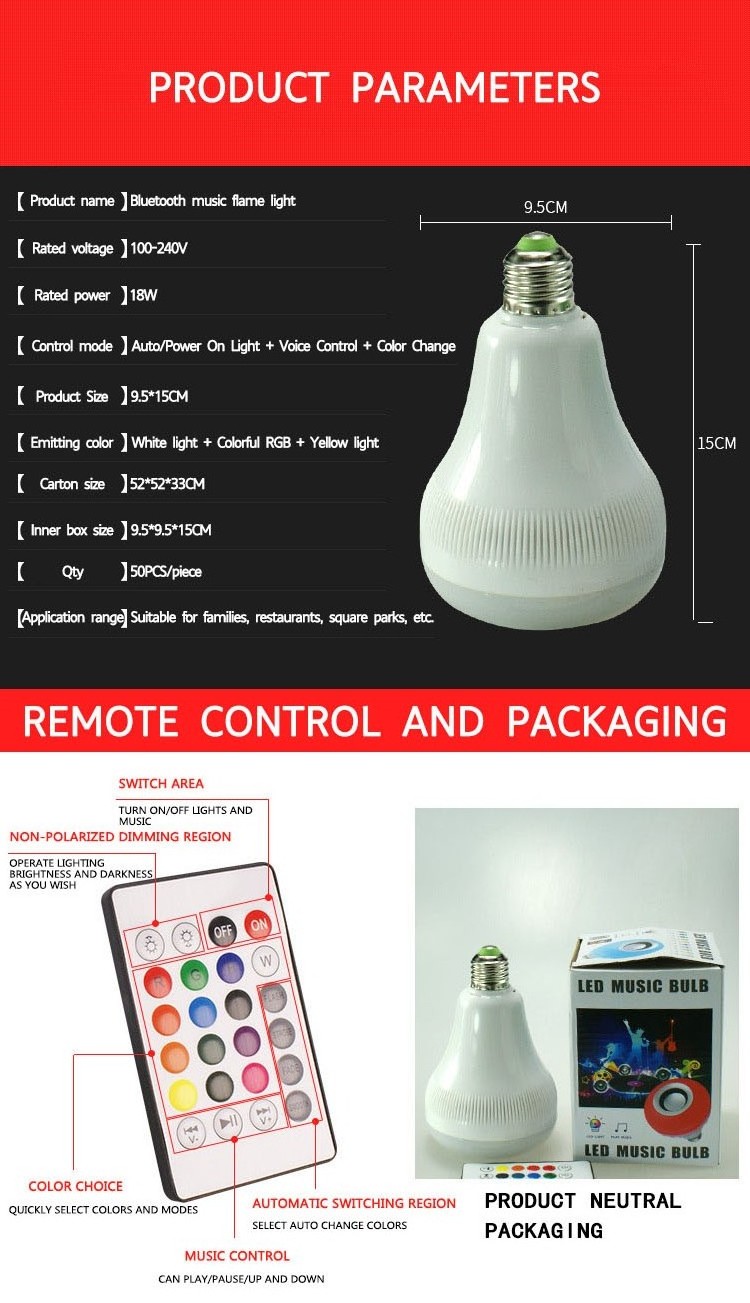 E27 18 watt Smart RGB Wireless Speaker music Bulb changing color light bulb with remote control