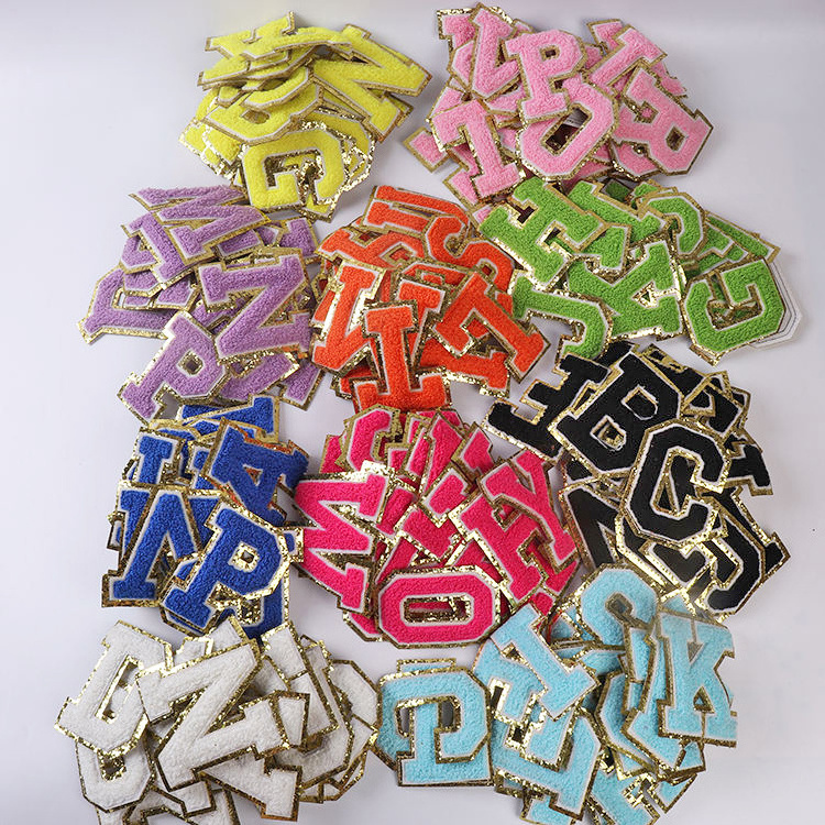 In Stock Multi Color 8cm DIY Iron On Letters Patches Glitter Alphabet Chenille Letter Patch For Clothing