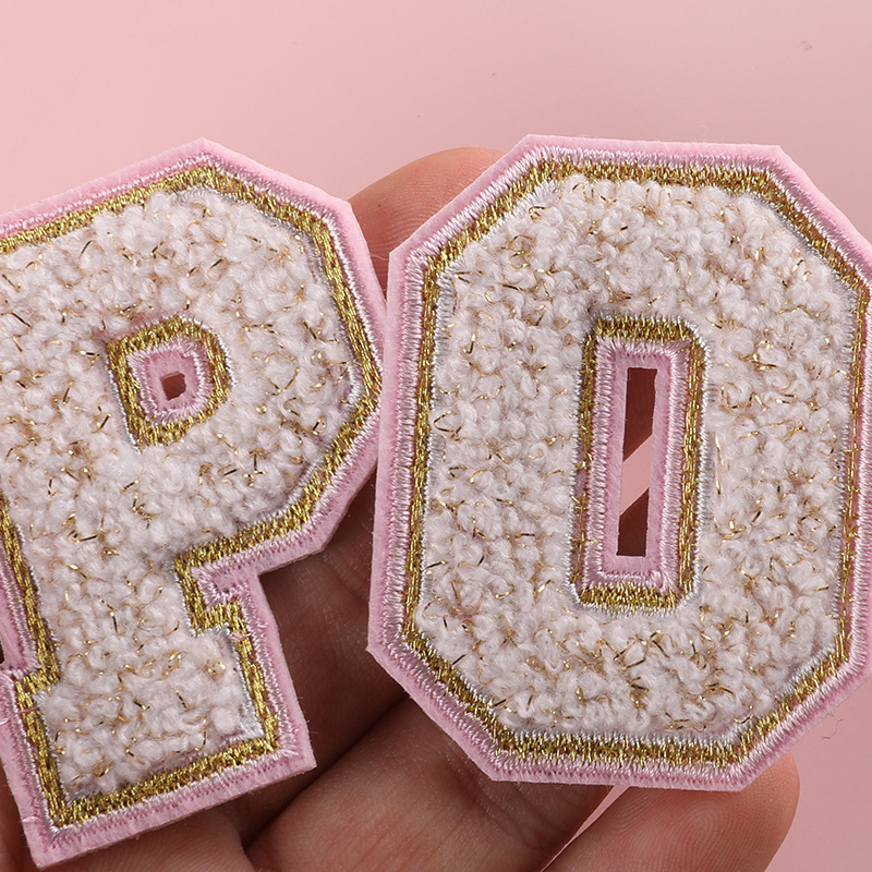 In Stock English Letter Embroidered Gold Edge Iron On Patches Pink Chenille Letter Patch