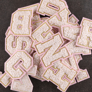 In Stock English Letter Embroidered Gold Edge Iron On Patches Pink Chenille Letter Patch