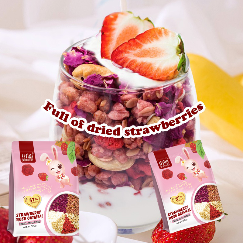 520g wholesale crunchy nutrient rose strawberry flavored granola oats flakes instant oatmeal breakfast cereal