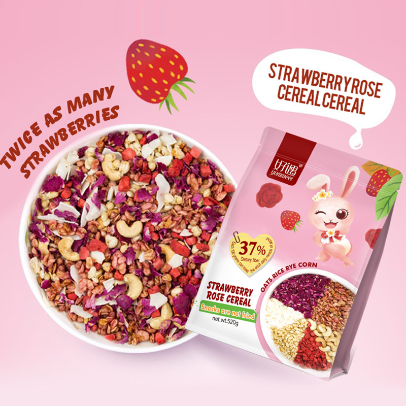 520g wholesale crunchy nutrient rose strawberry flavored granola oats flakes instant oatmeal breakfast cereal