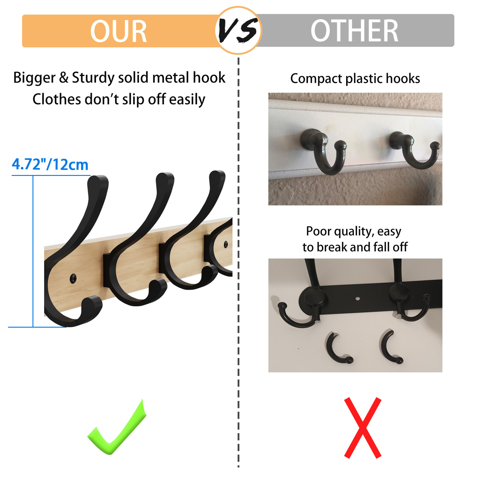 Furniture Modern Bathroom Black Wood Hanger for Cloths Solid Metal Wooden Wall Hooks