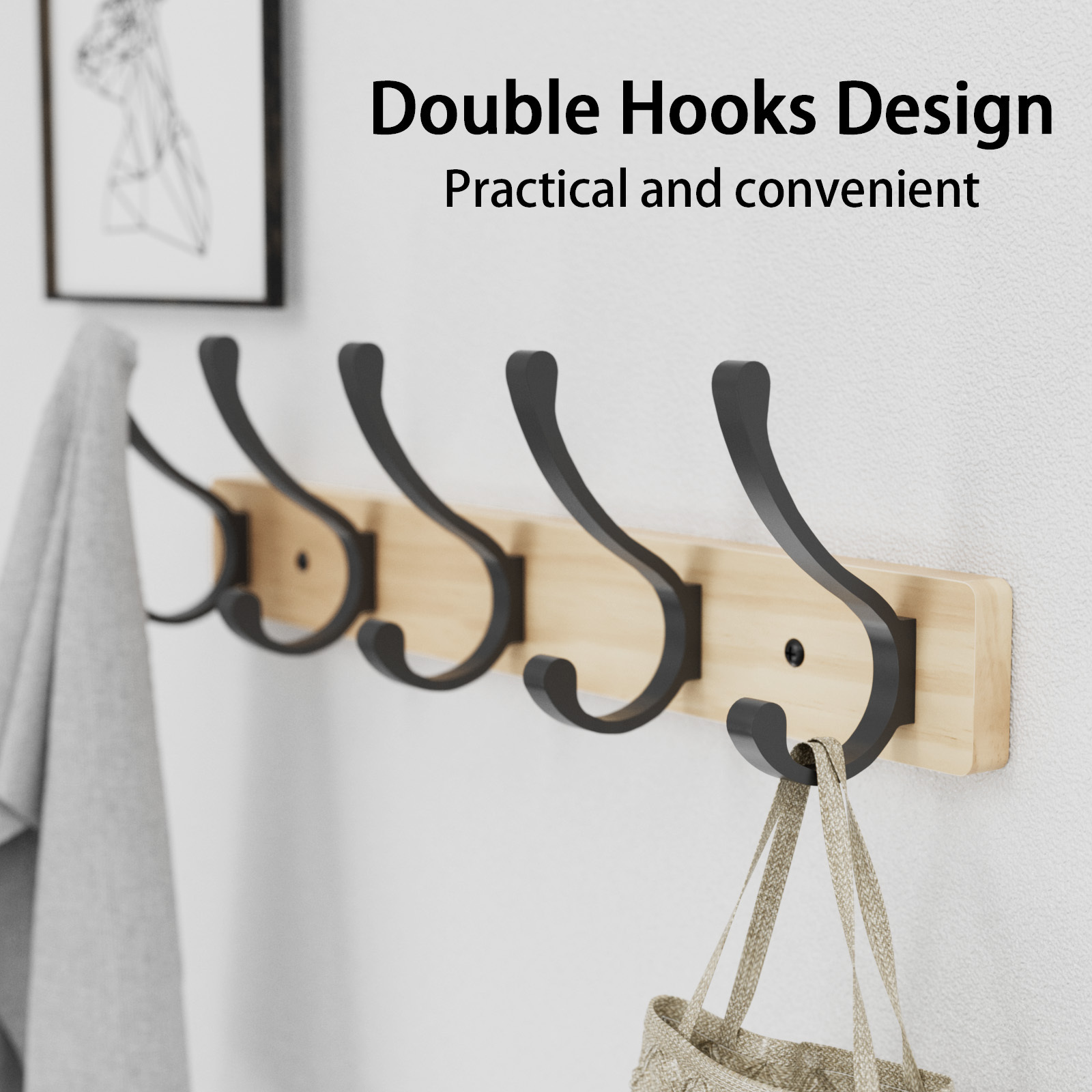 Furniture Modern Bathroom Black Wood Hanger for Cloths Solid Metal Wooden Wall Hooks