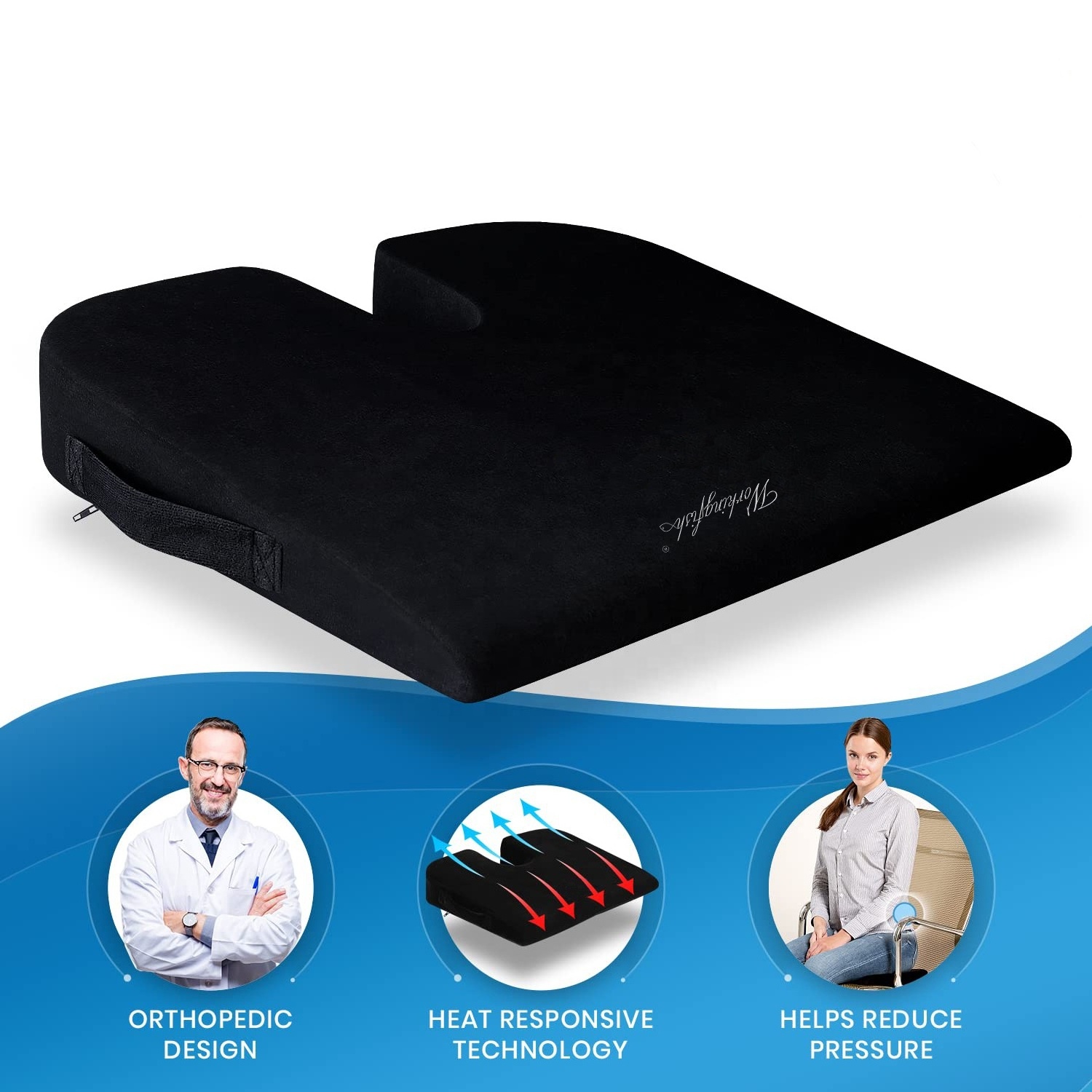 Workingfish Breathable Non-Slip 100% High Density Memory Foam Core U-shaped Wedge Lumbar Pillows Driving Car Seat Cushion